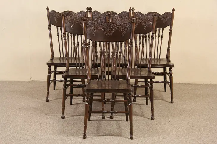 Set of 6 Pressback Carved Oak 1900 Antique Dining Chairs