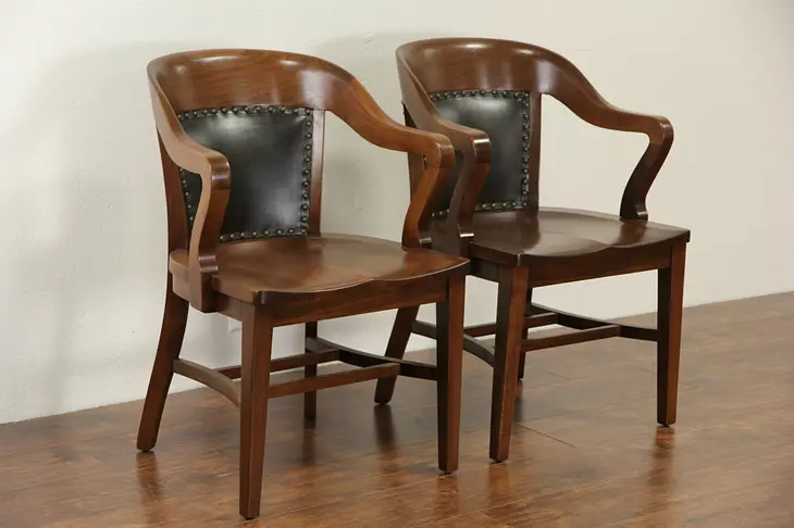 Pair of Walnut & Leather 1915 Antique Banker Office or Library Chairs, Pr #2