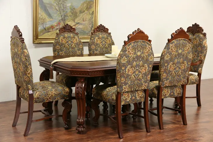 Renaissance 1920's Carved Dining Set, Table, 6 Chairs