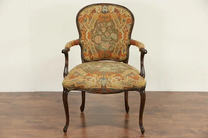 French Antique 1915 Chair, Old Needlepoint & Petite Point Upholstery