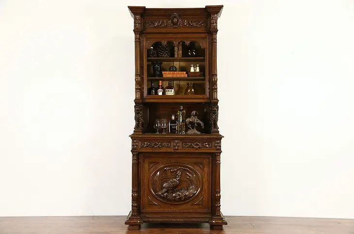 Oak 1880's Black Forest Cabinet, Carved Lions, Birds & Grapevine, Beveled Glass
