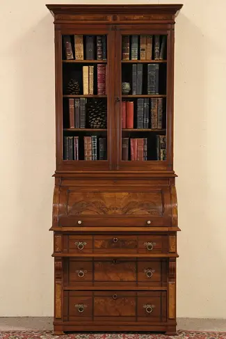 Eastlake 1875 Antique Cylinder Roll Top Secretary Desk & Bookcase