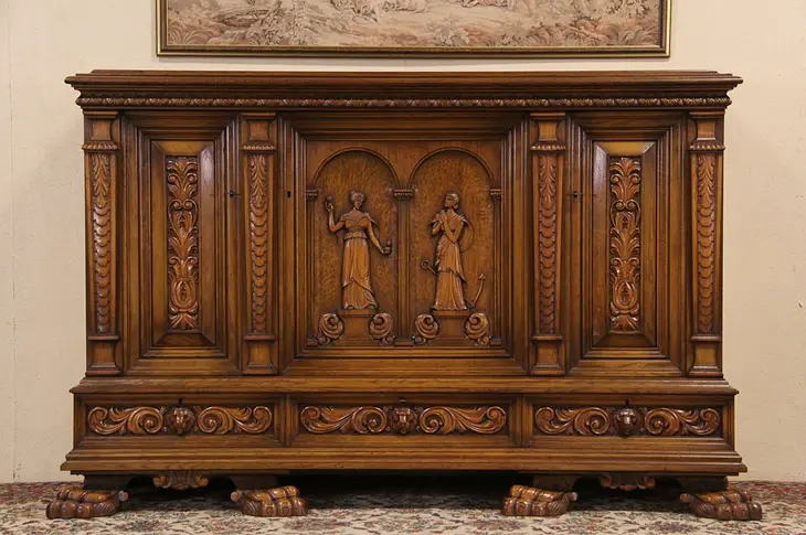 Carved Oak Cabinet, Classical Figures, Lion Heads & Paws