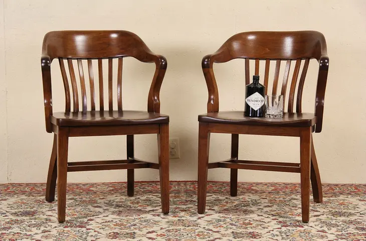 Pair of Antique Walnut Banker Chairs, 1920 Era