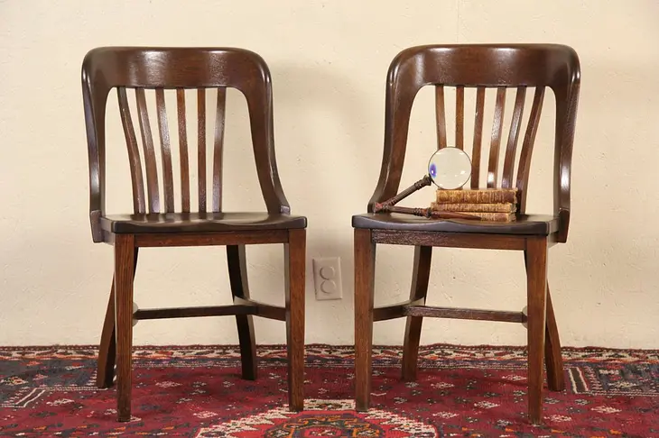 Pair of Oak 1910 Antique Banker Side Chairs, Marble Chair Co Bedford, OH