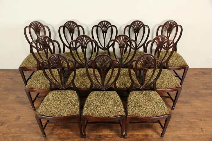 Set of 12 Shield Back Carved Mahogany Vintage Scandinavian Dining Chairs