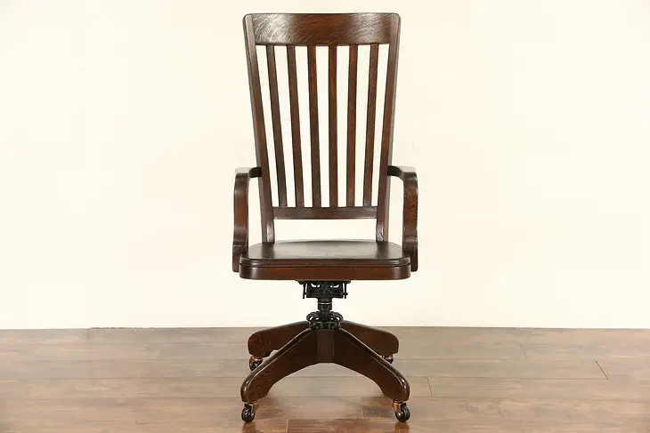 Oak Antique 1900 High Back Swivel Adjustable Library or Office Desk Chair