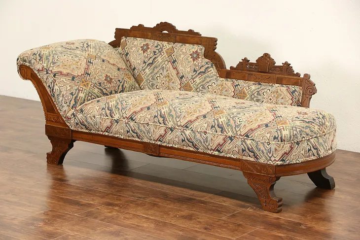 Victorian Eastlake 1880 Antique Chaise Lounge or Fainting Couch, New Upholstery