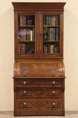 Victorian Cylinder Roll Top Desk, Bookcase Top