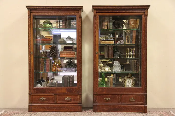 Pair of Antique 1895 Oak Beveled Glass Curio Display or Collector Cabinets