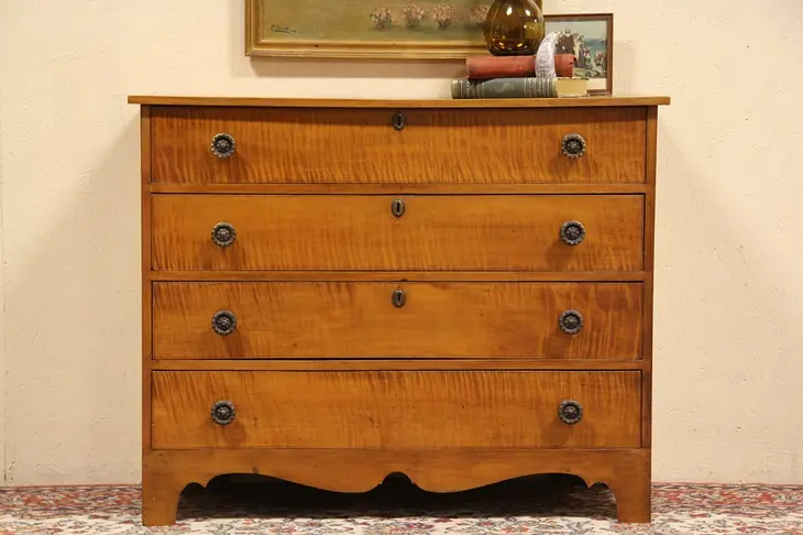 Tiger Maple New England 1825 Antique Chest or Dresser