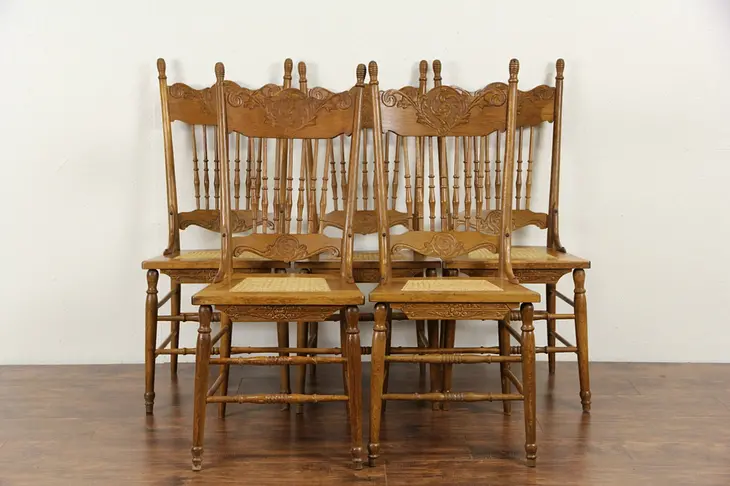 Set of 5 Antique 1900 Oak Pressback Carved Dining Chairs