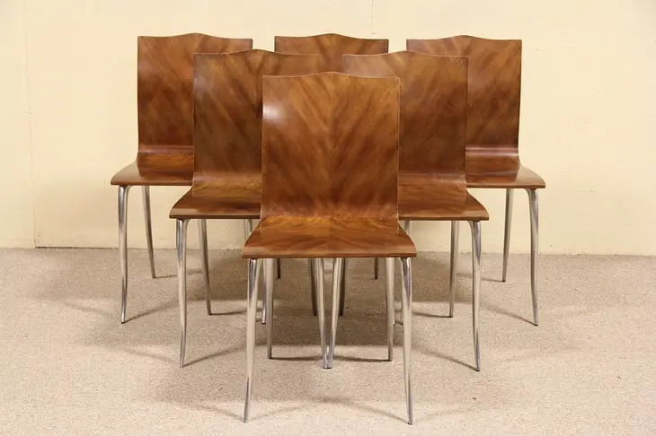 Set of 6 Danish Midcentury Modern Walnut & Aluminum Vintage Dining Chairs