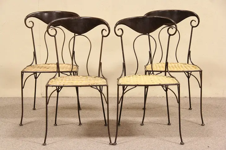 Set of 4 Iron & Rattan Vintage Dining Chairs