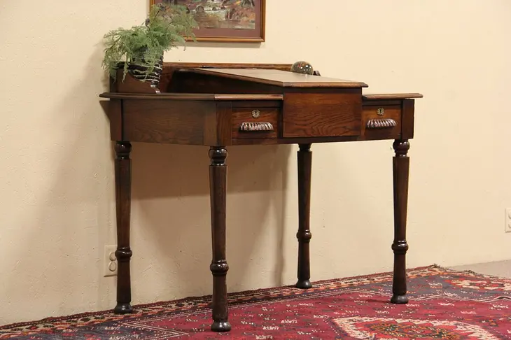 Schoolmaster Oak 1890 Antique Desk, Inkwell