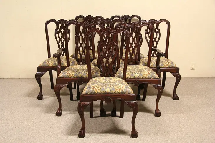 Set of 8 Carved Georgian Chippendale Vintage Dining Chairs