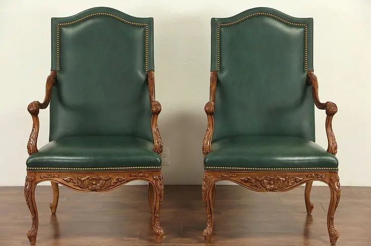 Pair Hancock and Moore Signed Country French Leather Chairs with Arms