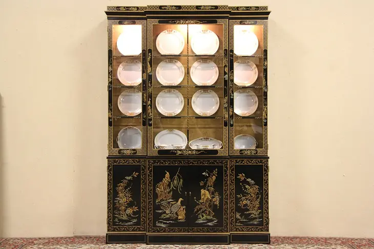 Drexel Chinoiserie Black Lacquer China Cabinet or Bookcase
