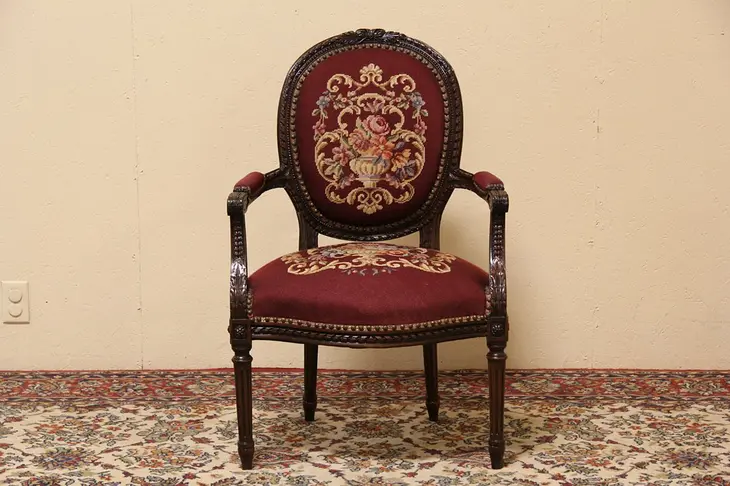 Carved French 1910 Antique Armchair, Needlepoint Upholstery