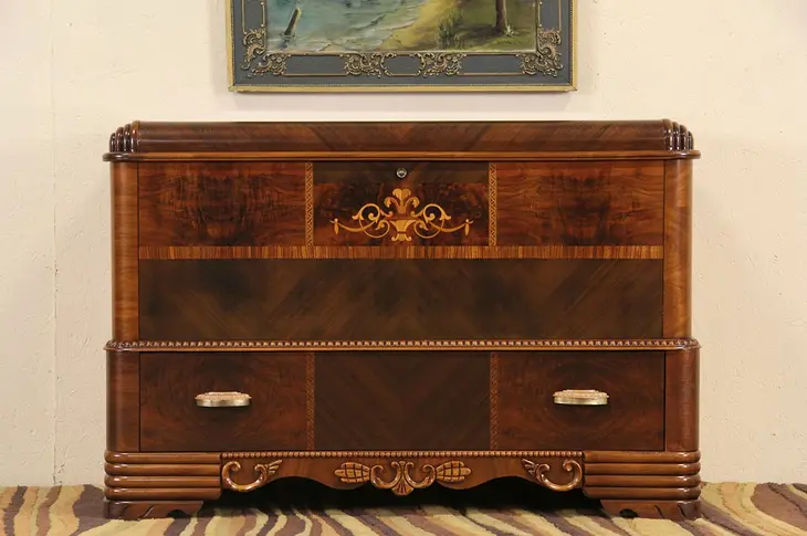Art Deco 1940 Vintage Waterfall Cedar Chest, Matched Mahogany with Inlay