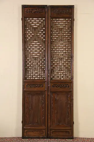 Pair of Carved Chinese Antique 1900 Architectural Salvage Carved Grillwork Doors