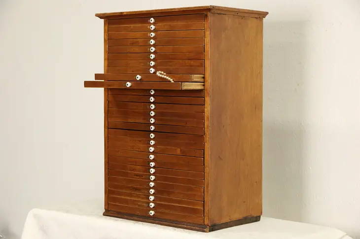 Collector File or Jewelry Chest, 28 Drawer Butternut 1890 Antique