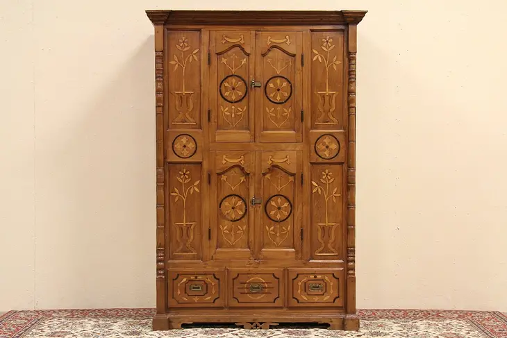 Indian British Dowry Cabinet, Carved Teak, Secret Compartments