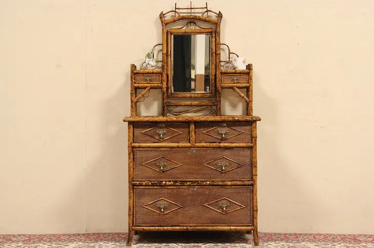 Bamboo & Tile 1880 Antique Chest or Dresser, Swivel Mirror, Vessel Sink Vanity