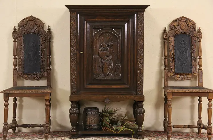 Oak Antique 1900 Cabinet, Carved Rathskeller & Drinking Monk