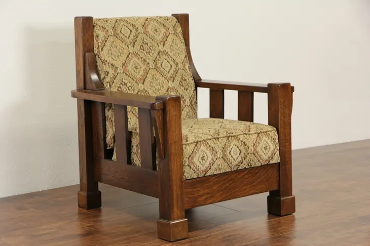 Arts & Crafts Mission Oak 1905 Antique Chair, Newly Upholstered