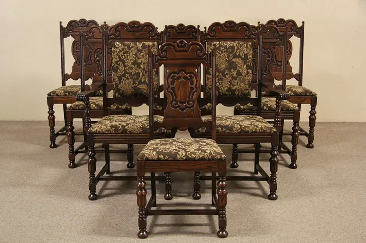English Tudor 1920's Oak Set of 8 Dining Chairs