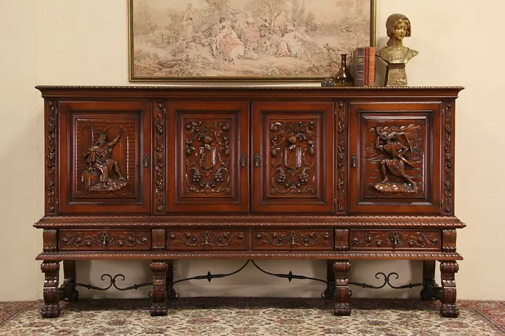 Spanish Colonial Knight & King Carved 8' Cabinet
