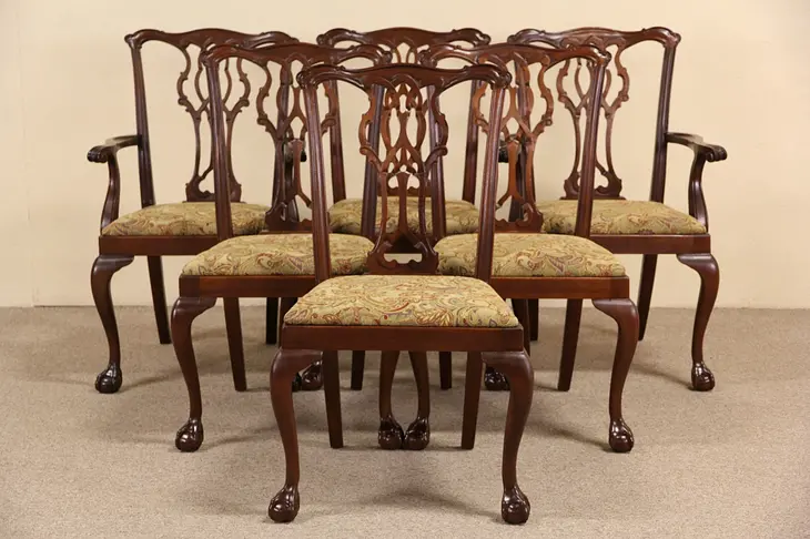 Georgian Chippendale Set of 6 Carved Mahogany Dining Chairs, 1950 Vintage