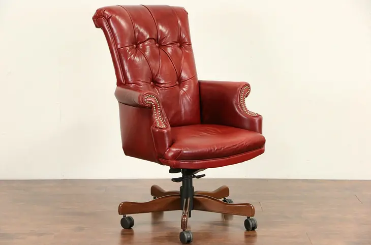 Red Tufted Leather Swivel Desk Chair with Brass Nailheads, Dated 2008