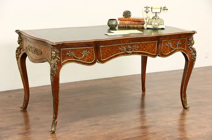 French Tulipwood Vintage Bureau Plat Writing Desk, Leather & Brass Mounts