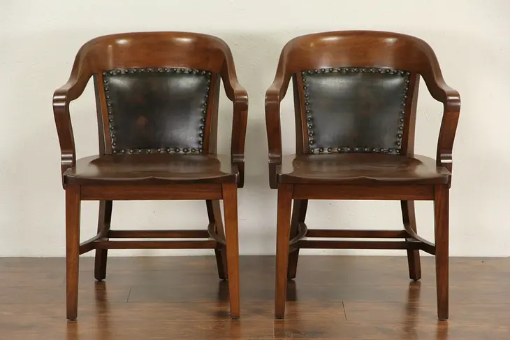 Pair of Walnut & Leather 1915 Antique Banker Office or Library Chairs, Pr #3