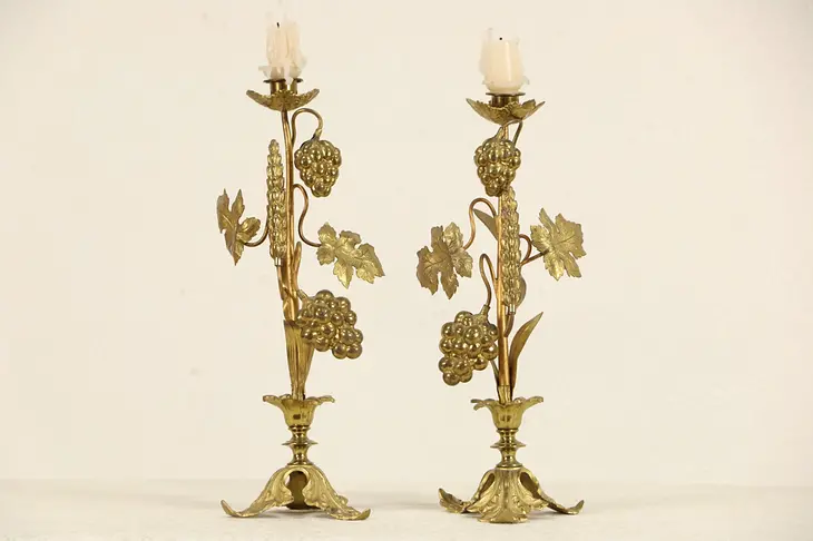 Pair Brass Grapevine Antique 1900 Candlesticks