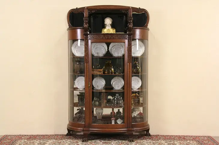 Curved Glass 1900 Antique Oak Curio China Display Cabinet, Carved Figures
