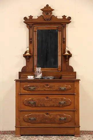 Victorian Eastlake 1880 Antique Walnut Dresser or Chest, Mirror, Jewelry Boxes