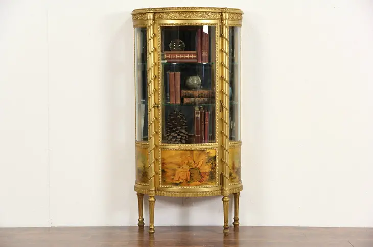 French 1910 Antique Vitrine Curio Display Cabinet, Gold & Painted Scenes