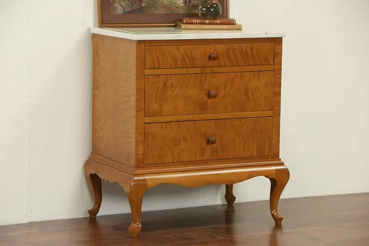Curly Maple Scandinavian 1910 Antique Chest or Commode, Marble Top