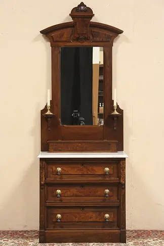Victorian 1875 Marble Top Chest or Dresser & Mirror, Sink Vanity