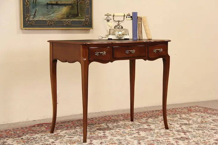 Country French Cherry Vintage Writing Desk, Leather Top