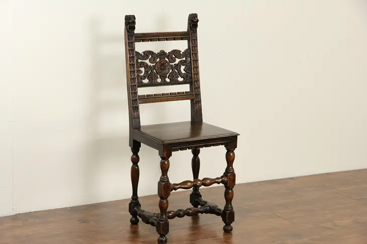 Italian Antique 1790's Walnut Chair, Carved Lions