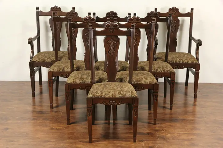 Set of 8 Oak 1920's Antique Scandinavian Dining Chairs, New Upholstery