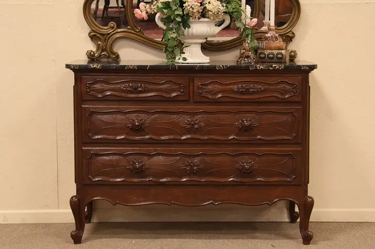 Italian Carved Antique Chest or Dresser, Marble Top