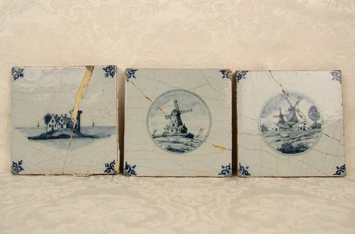 Delft Blue 1850 Antique Hand Painted Repaired Tiles, Set of 3