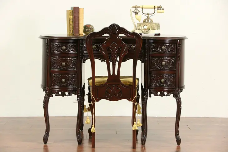 Antique Carved Kidney Desk & Chair Set