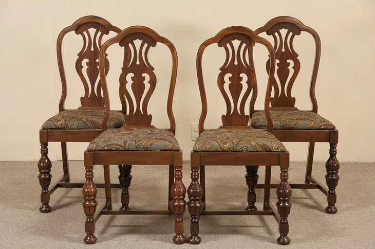 Set of 4 TudorAntique Dining Chairs circa 1920, New Upholstery