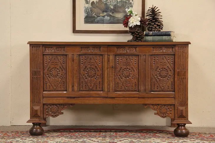 Oak Carved Dutch Antique 1900 Cabinet or TV Console